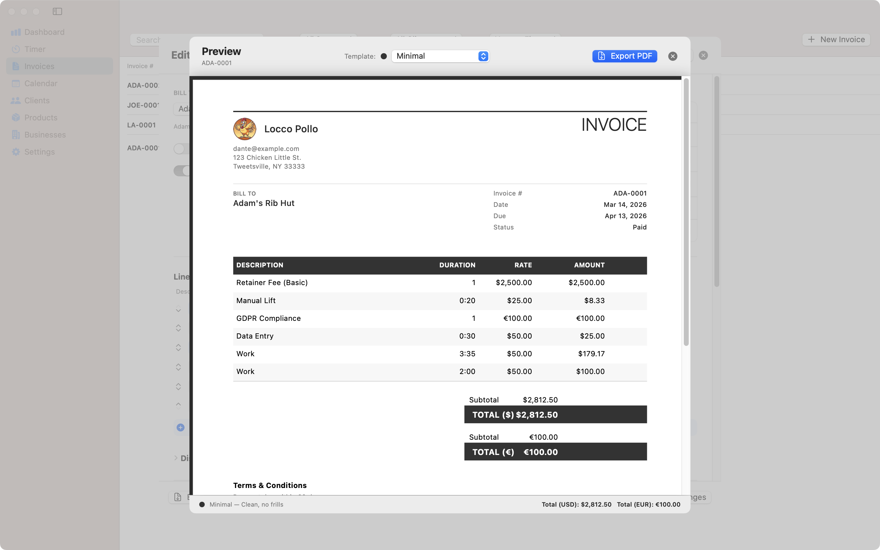 Minimal invoice template for Mac – Contando Pollos