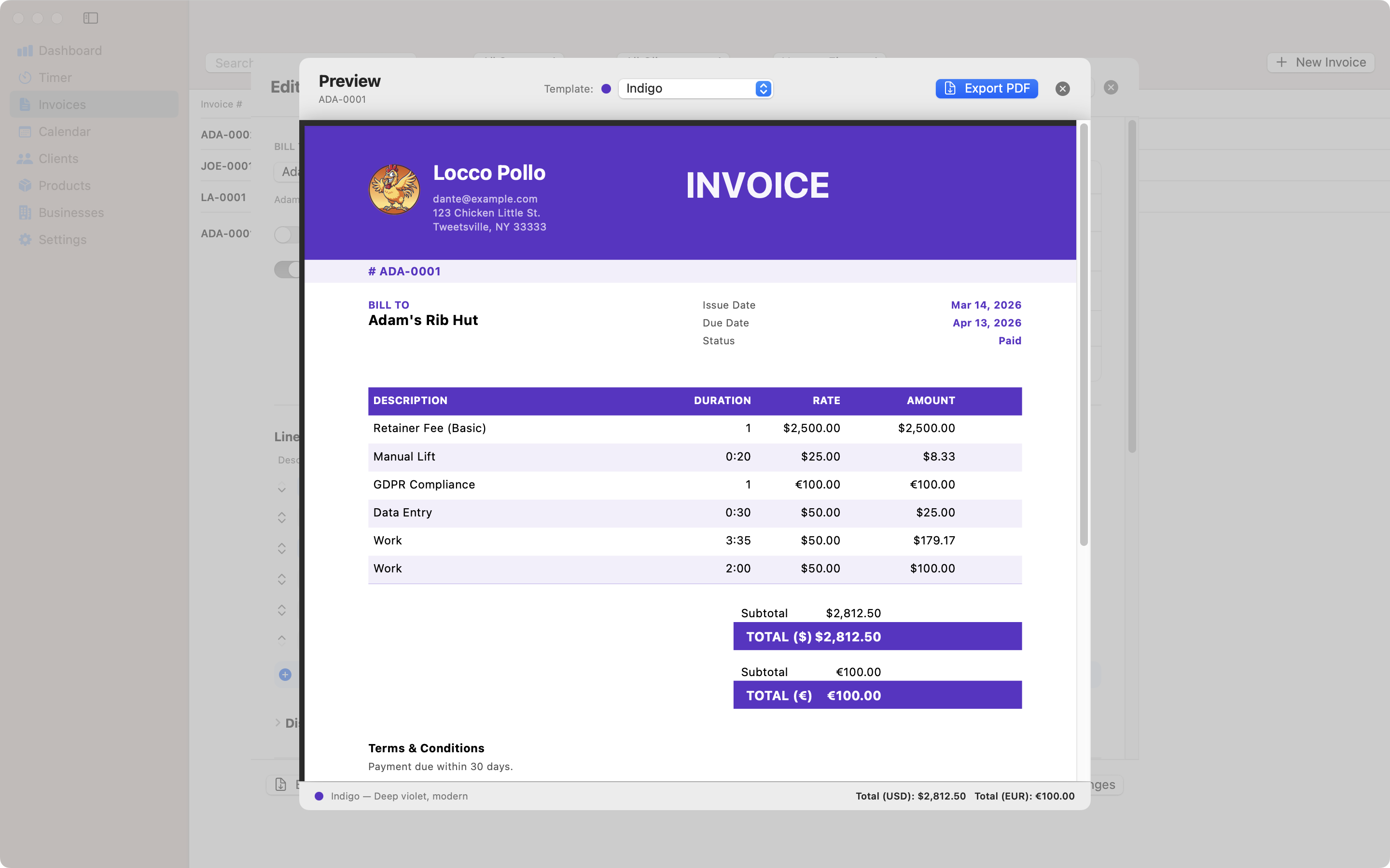 Indigo invoice template for Mac – Contando Pollos