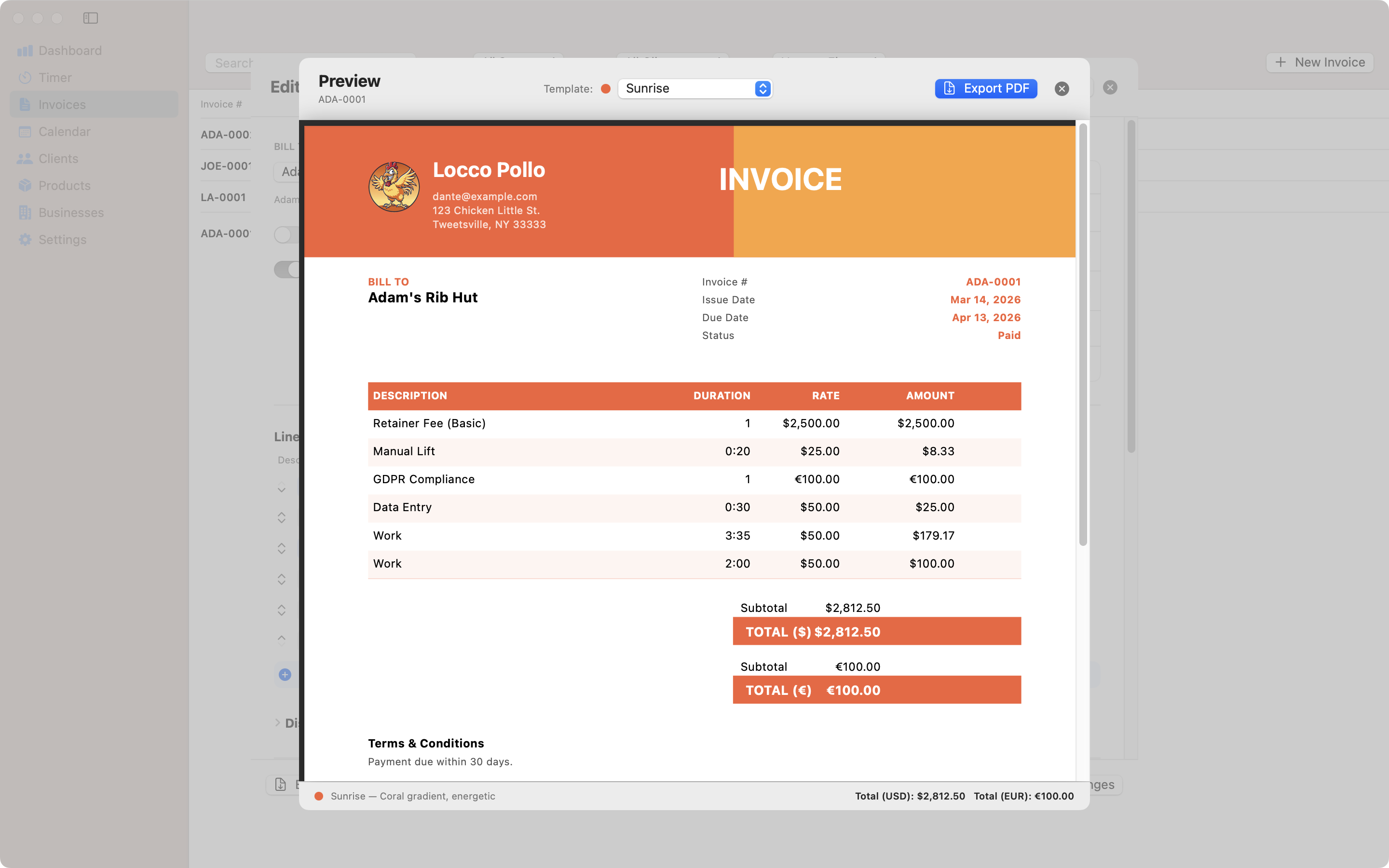 Sunrise invoice template for Mac – Contando Pollos