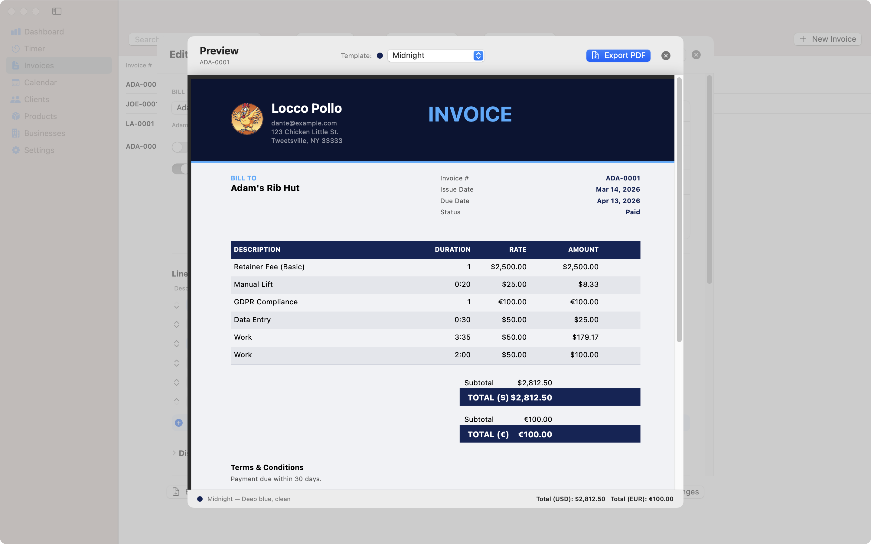 Midnight invoice template for Mac – Contando Pollos