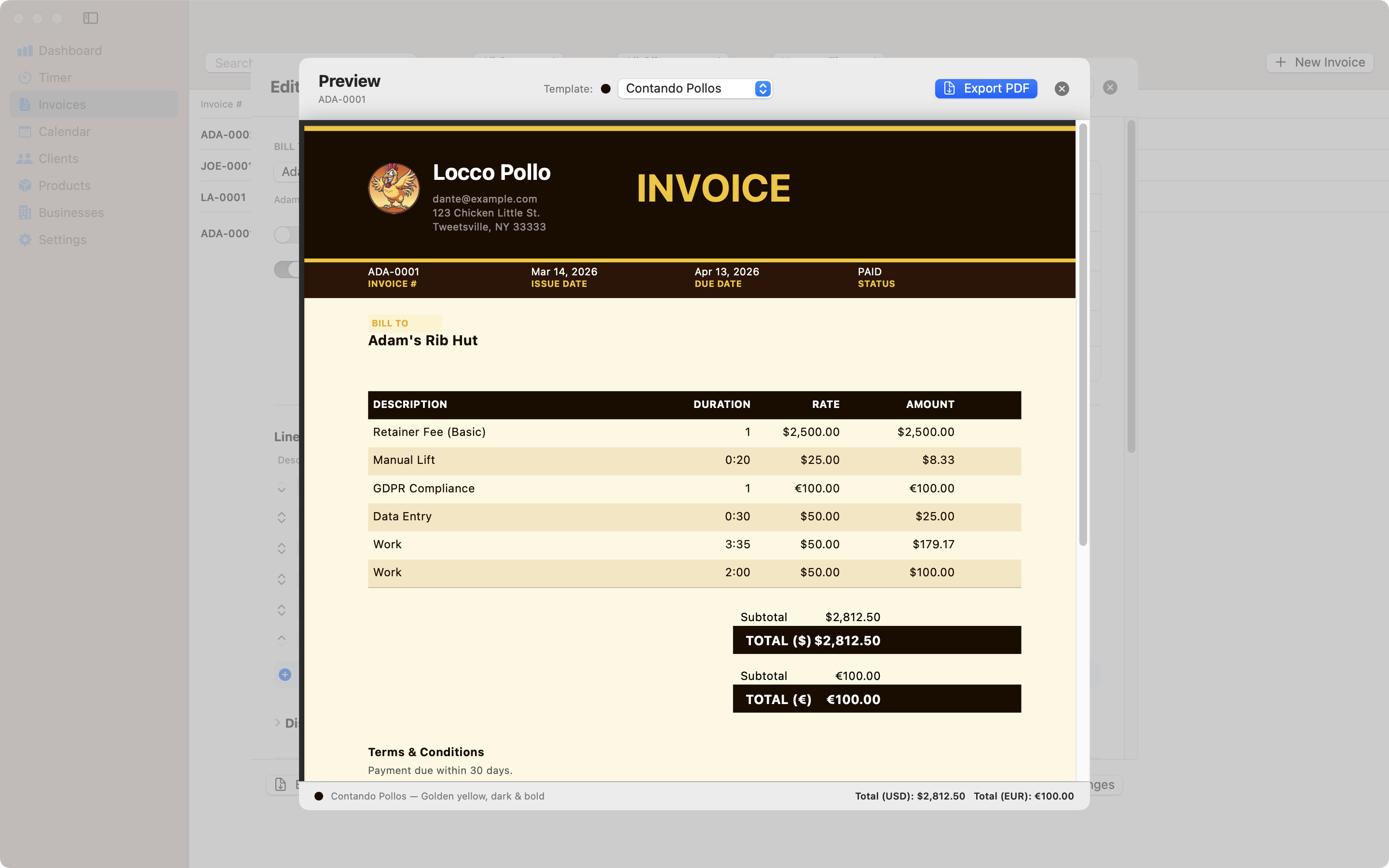 Contando Pollos signature invoice template for Mac
