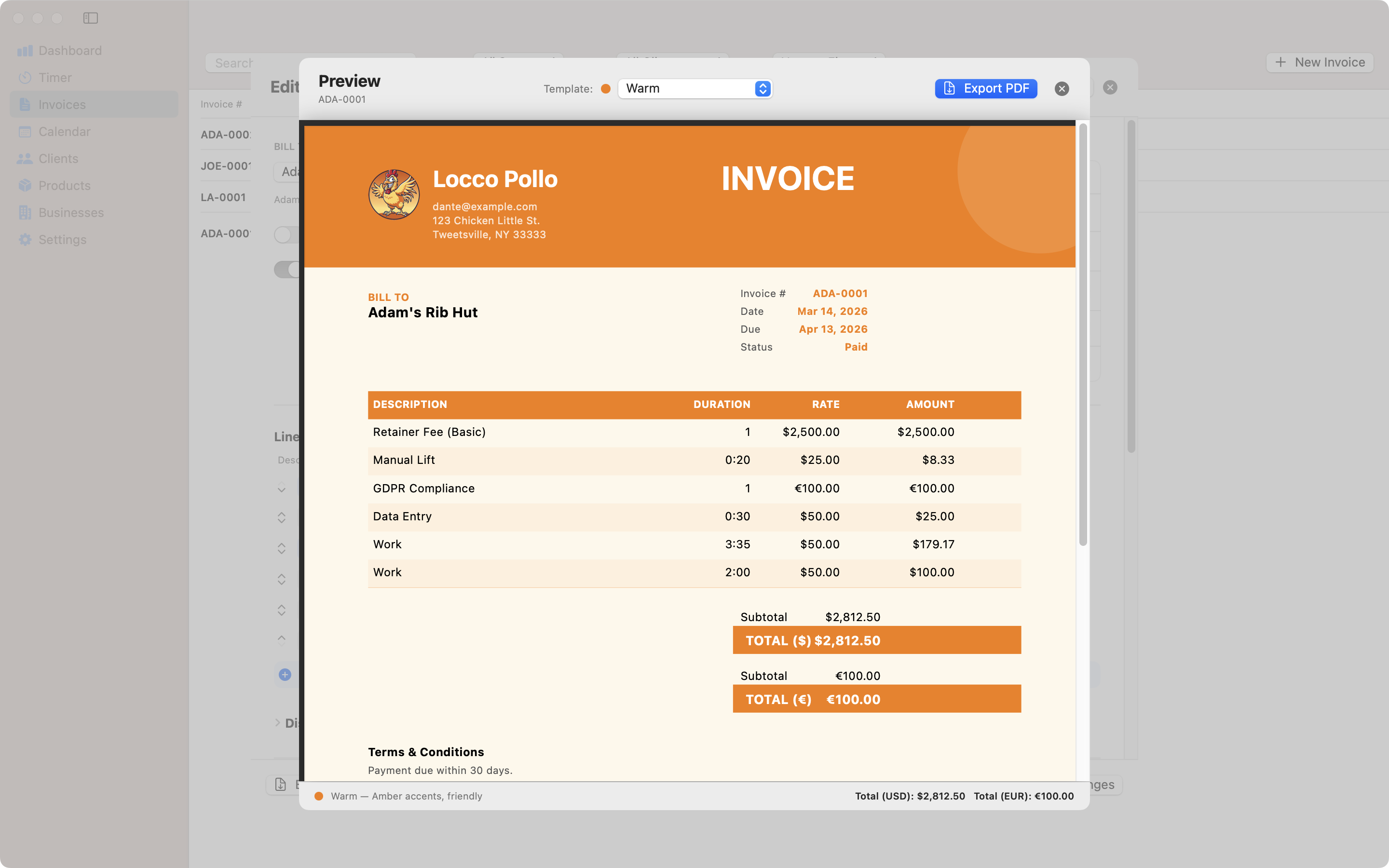Warm invoice template for Mac – Contando Pollos
