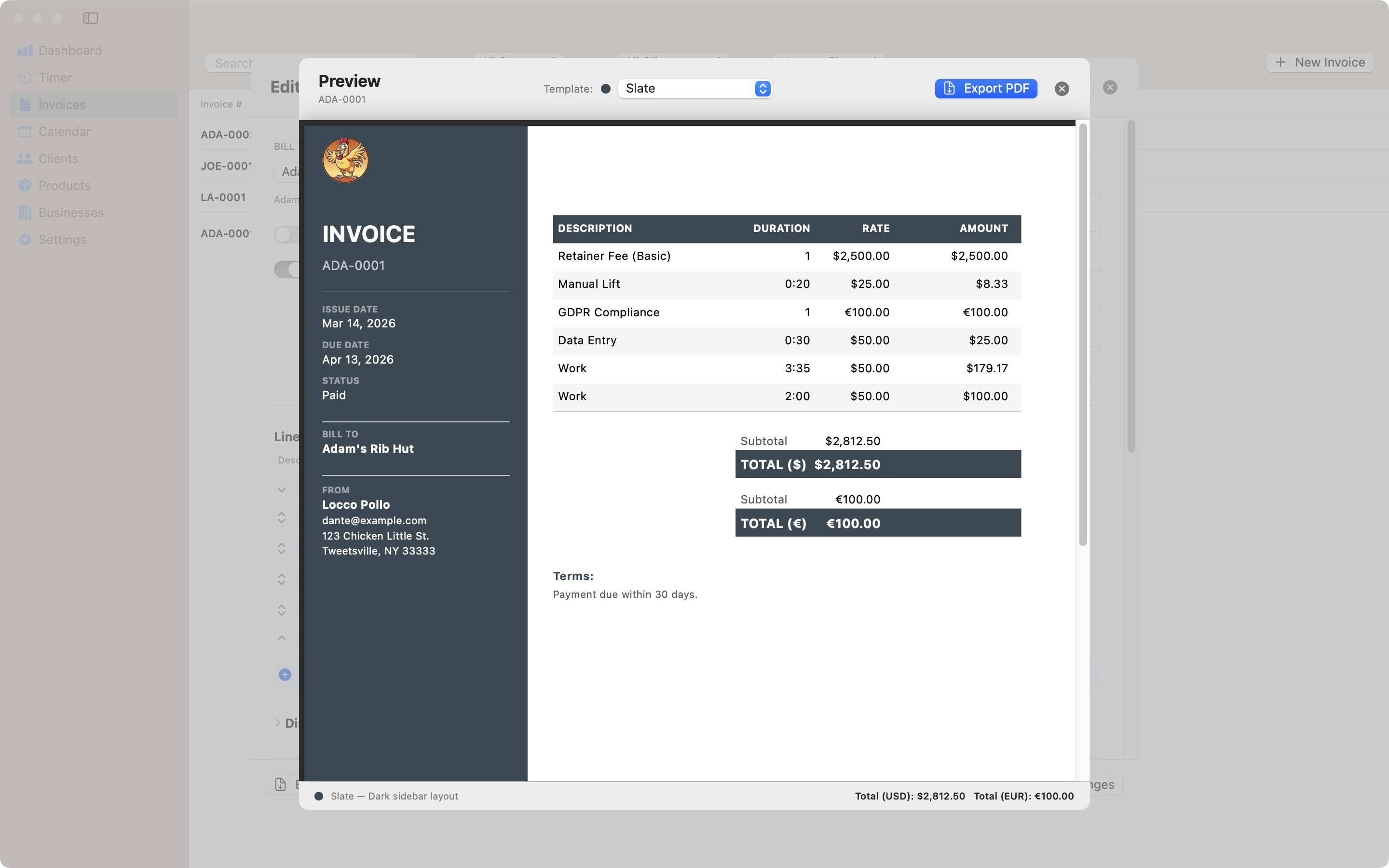 Slate invoice template for Mac – Contando Pollos