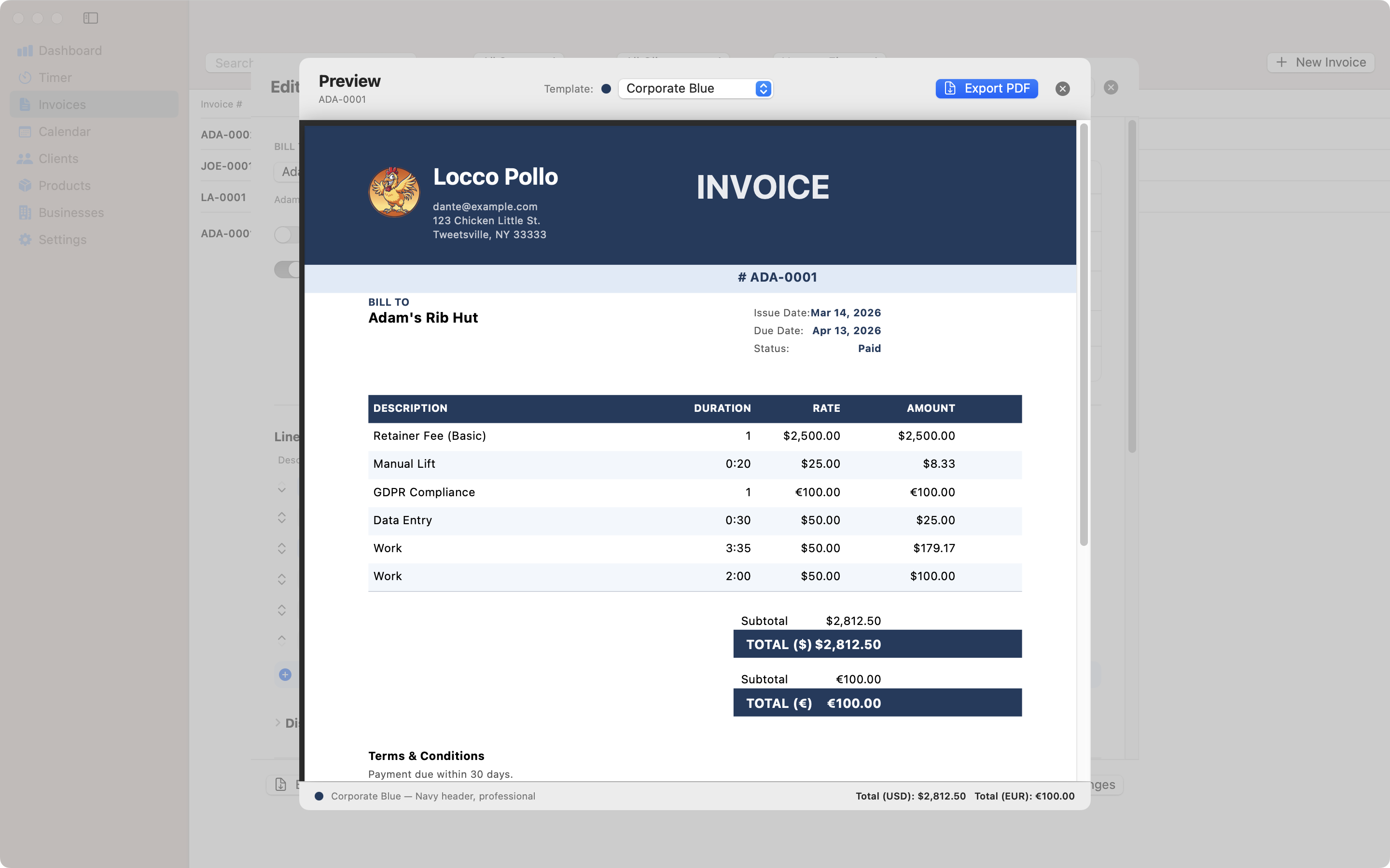 Corporate Blue invoice template for Mac – Contando Pollos