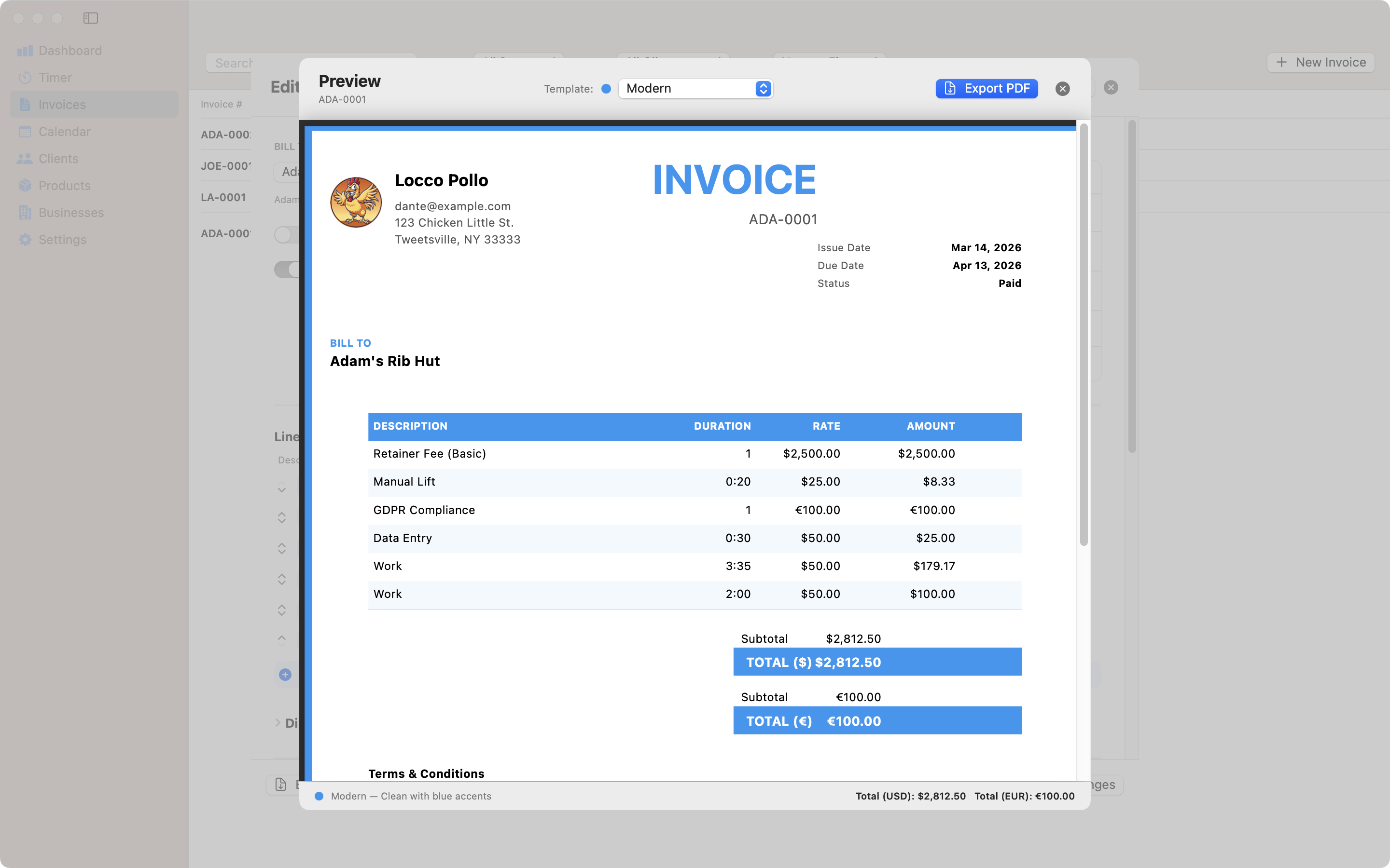 Modern invoice template for Mac – Contando Pollos