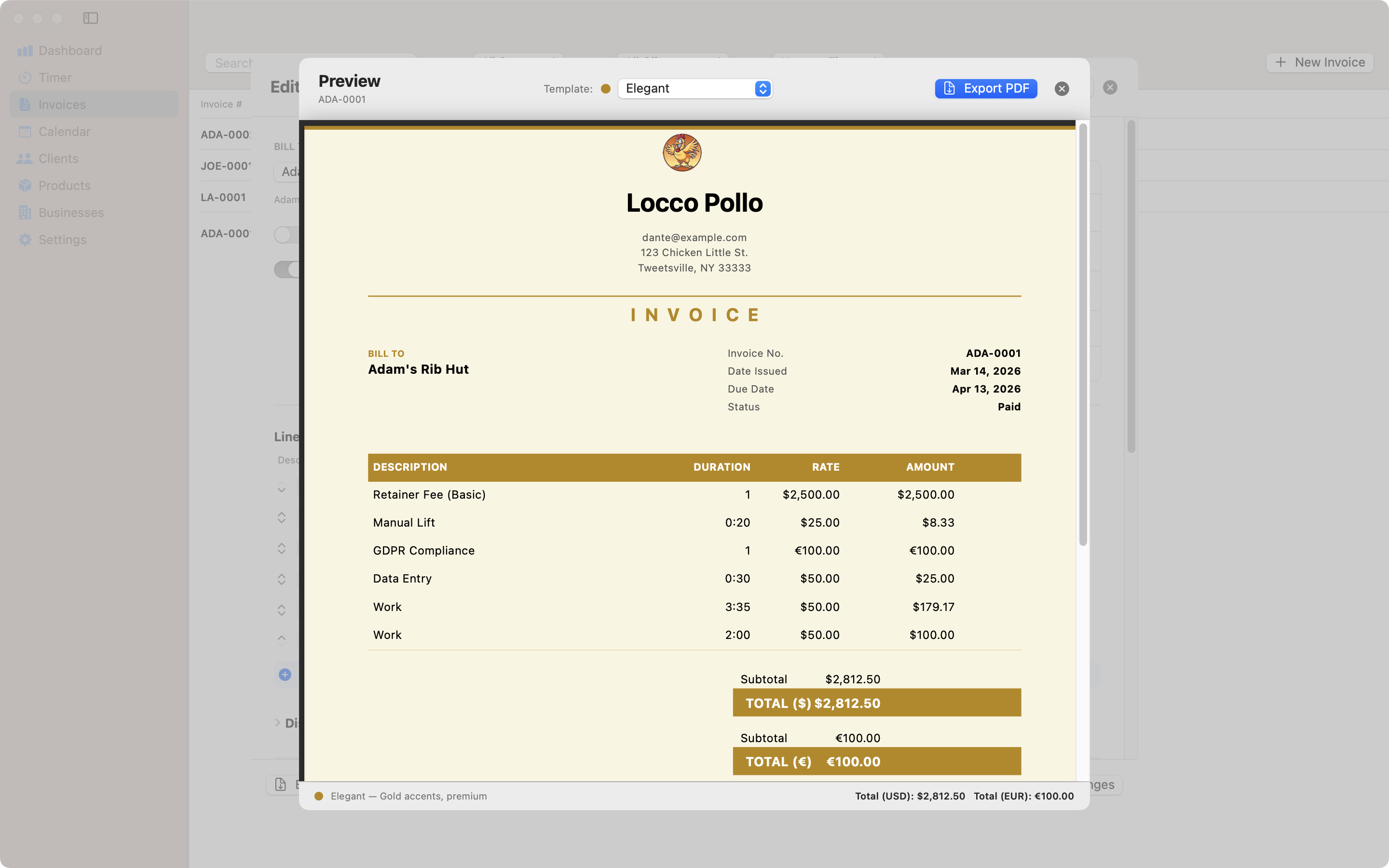 Elegant invoice template for Mac – Contando Pollos