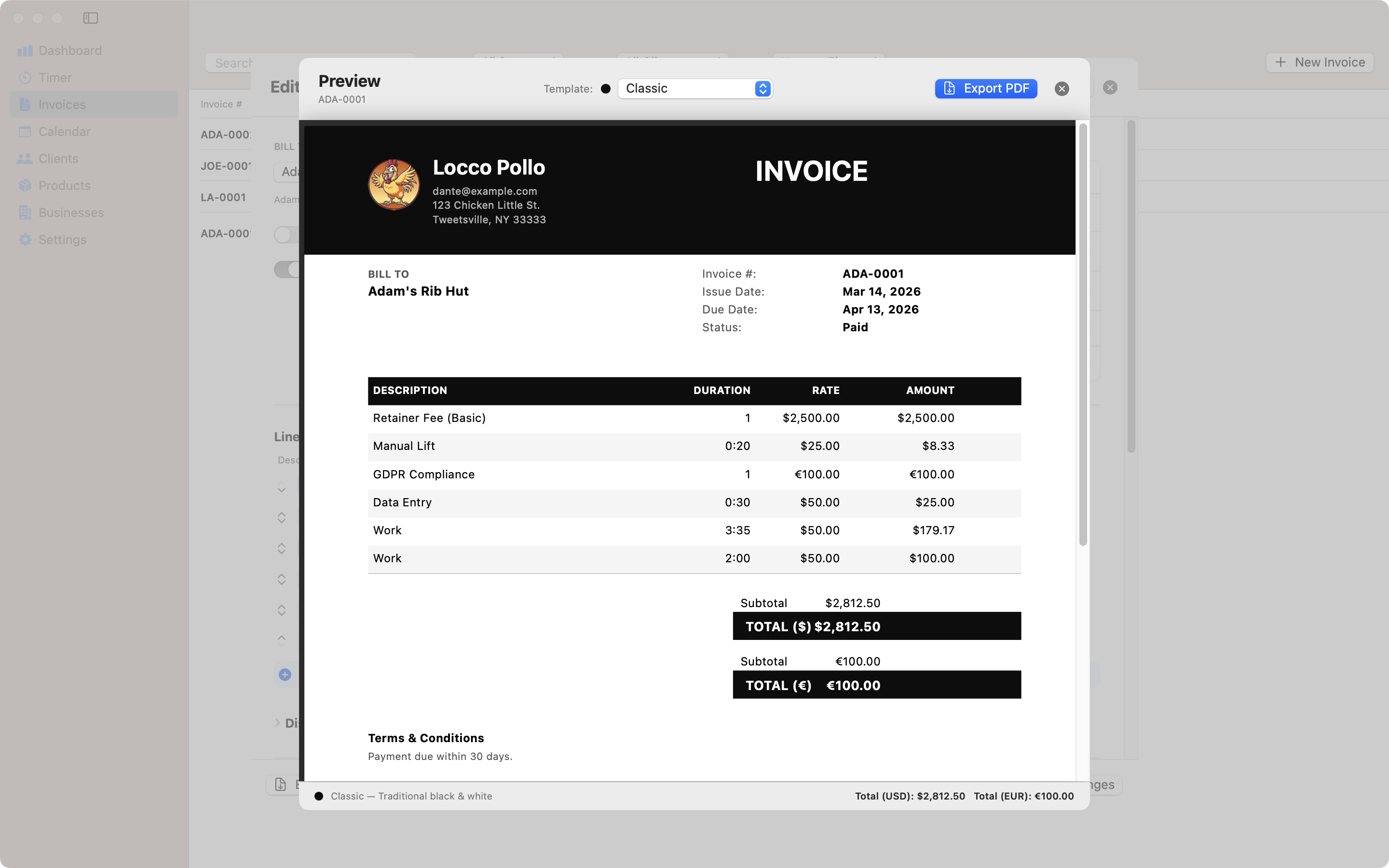 Classic invoice template for Mac – Contando Pollos
